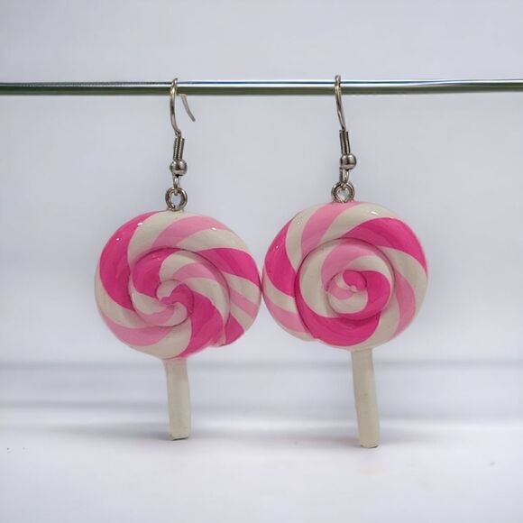 Handmade Jewelry - Handmade Pink Swirl Lollipop Earrings | Y2K Kawaii Novelty Candycore Statement